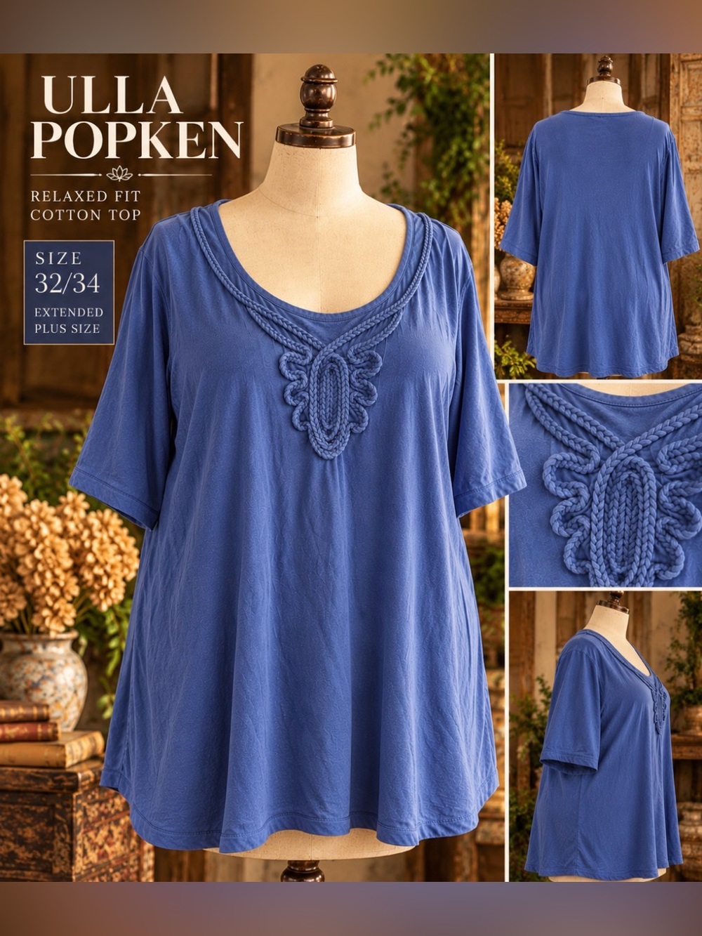Ulla Popken - extended plus size- 30/32- Blue Relaxed Cotton Top braid detail